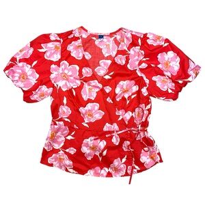 Old Navy Floral Wrap Blouse Puff Sleeves Large Red Cotton Lightweight V Neck